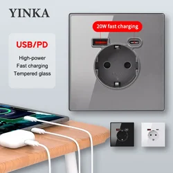 YINKA EU FR Standard USB Wall Outlet Type-C, 20W Fast Charger, Glass Panel, Wall Socket Suitable For Square and Round Box 86Tyoe