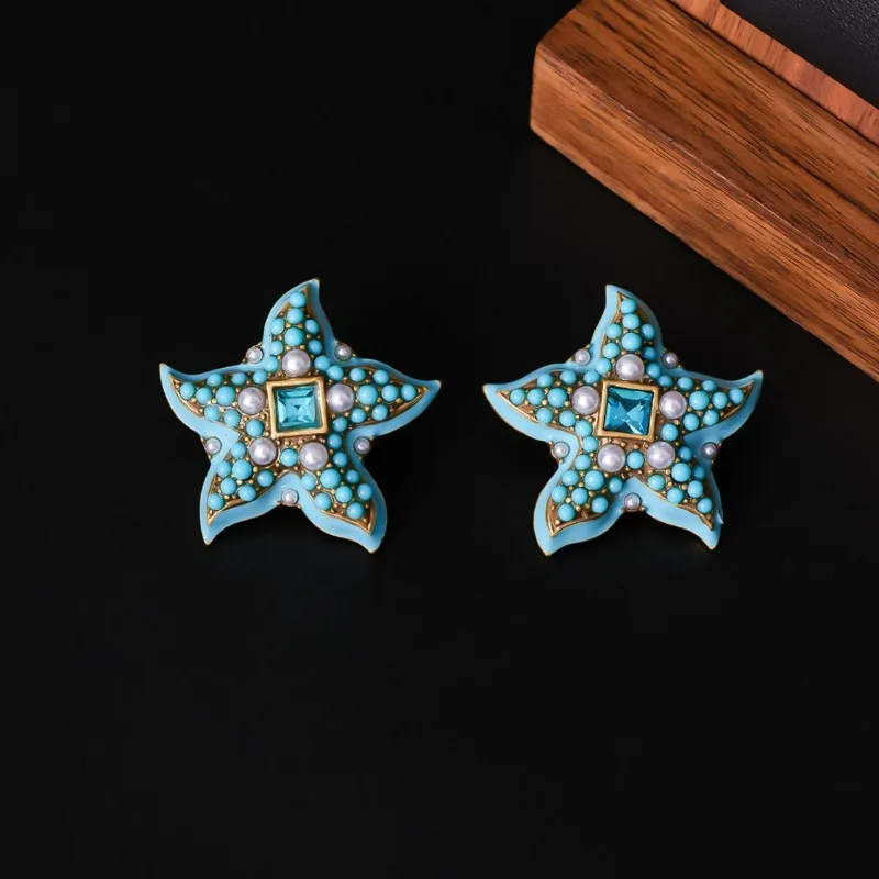 

Vintage Time Blue Starfish Earrings French Style Romantic Retro White Glass Pearl Earrings Imitation Turquoise Beads Earrings