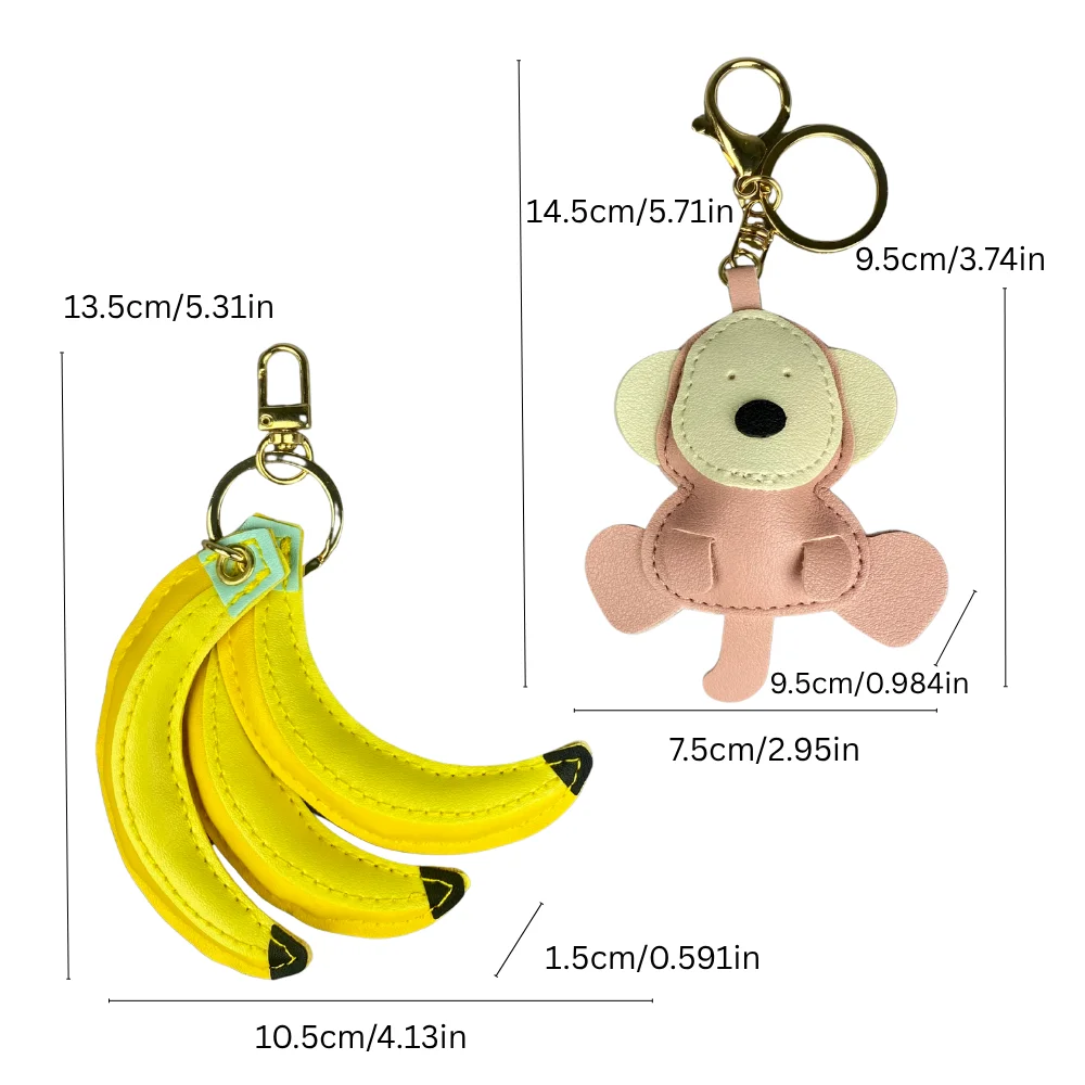 Adorable PU Leather Keychain Set: Cute Monkey & Banana, 6 Soothing