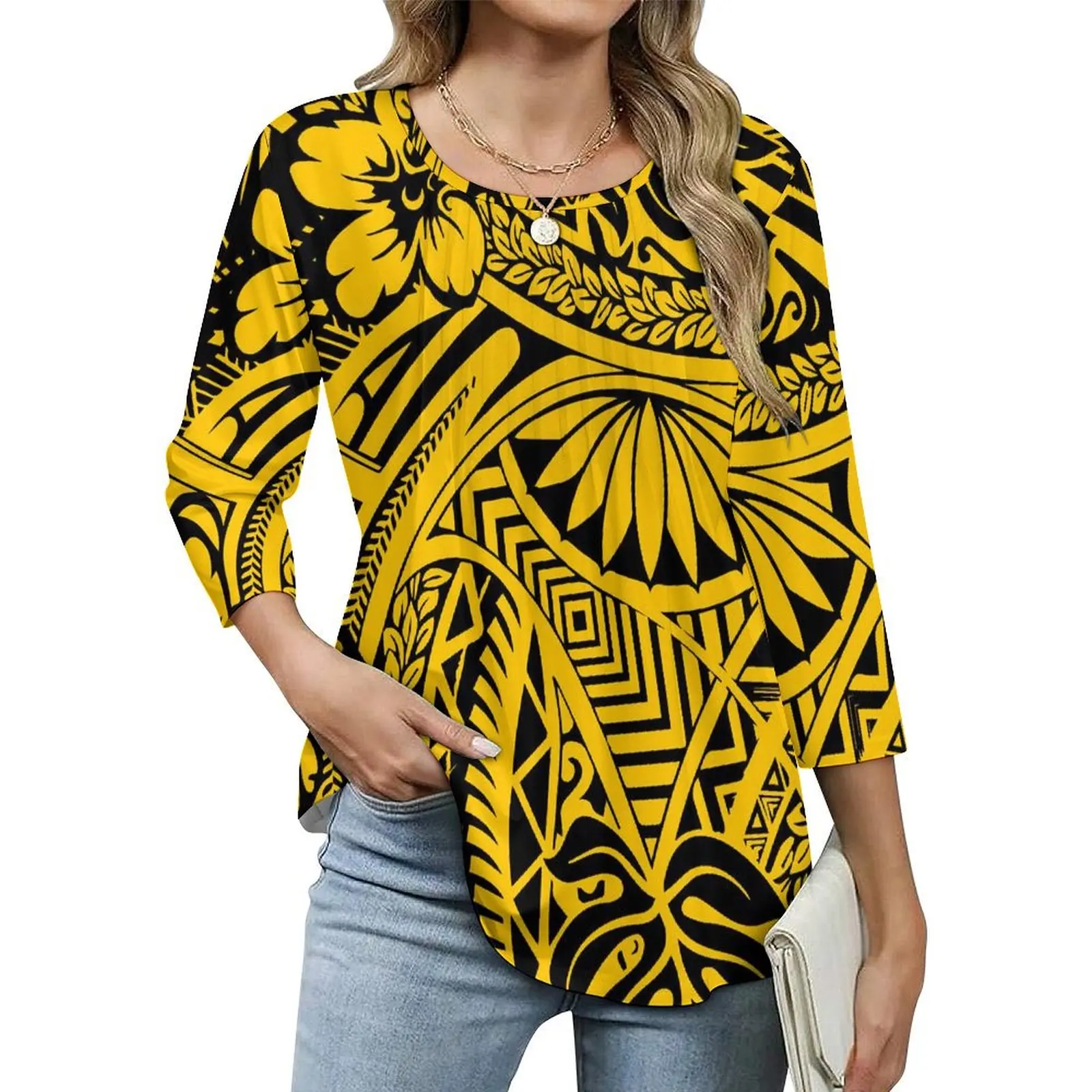 Wholesale Price Full Print Women T Shirt Crew Neck Top Polynesian Ethnic Style Three Quarter Sleeve Fashion Women Clothing
