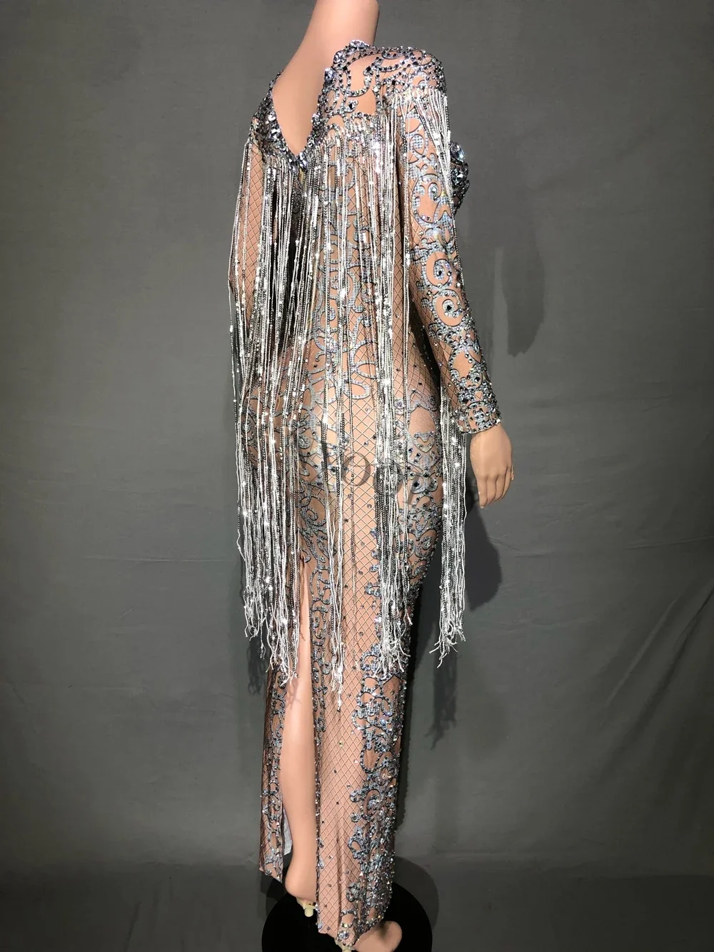 Robe Longue à Franges et Paillettes pour Femme, Tenue de Soirée, Mariage, Bal, Anniversaire, Strass, Séance Photo sur Scène