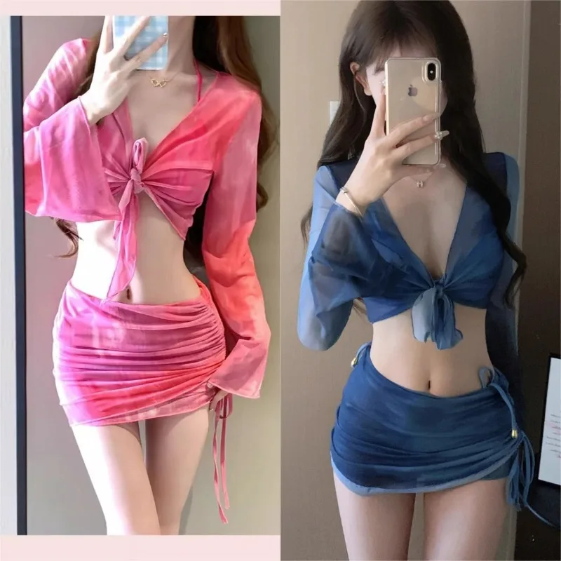 

Сексуальный женский розовый, синий комплект бикини из четырех предметов с принтом тай-дай, утягивающий купальник, однотонный привлекательный пляжный купальник для отпуска