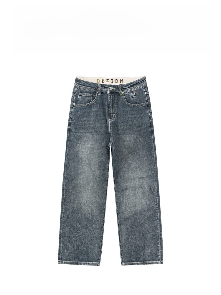 

American Style Loose Straight Leg Jeans Men's New 2025 Fashion Brand Grey Black Casual Cotton Polyester Blend Trousers