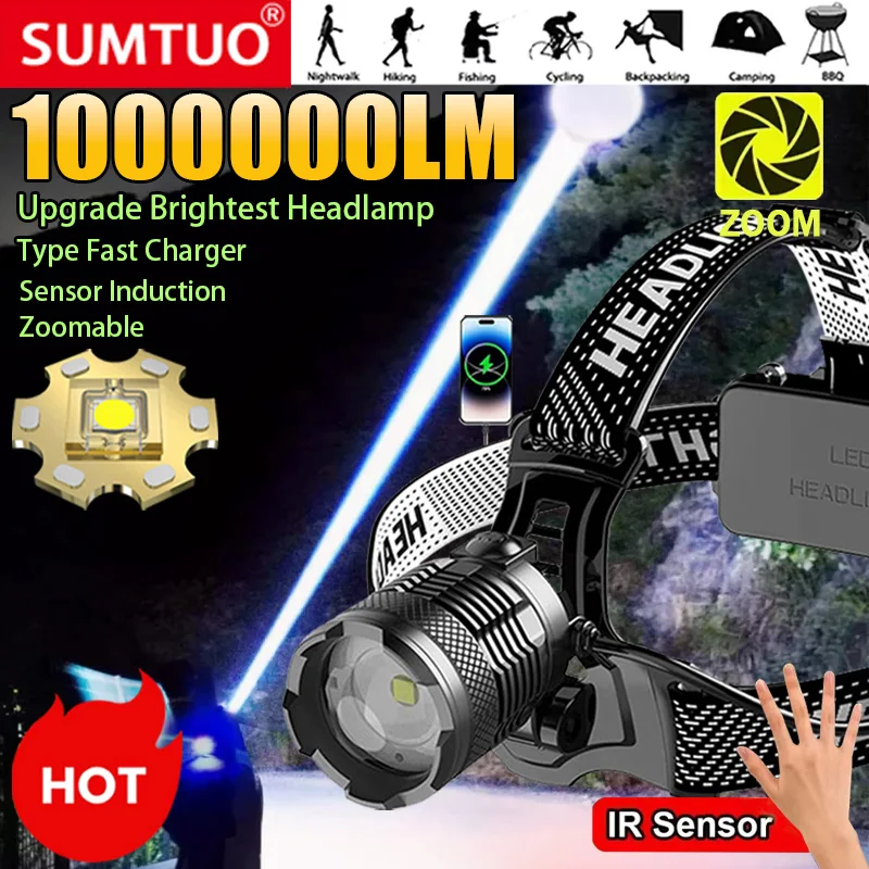 Upgrade 1000000LM Powerful 800W LED Headlamp Rechargeable Head Flashlight Digitals Display Headlamp Fishing Camping Head Lantern