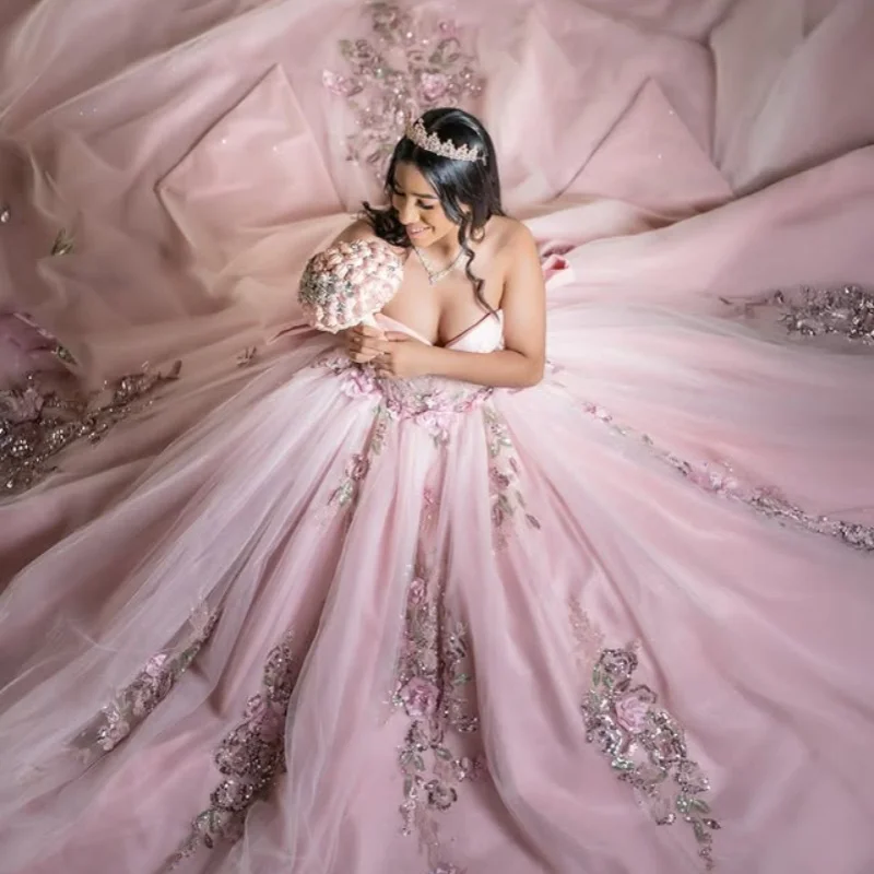 

Light Pink Quinceanera Dresses Glitter 3D Flower Crystal Decal off-shoulder Long tail Bow Vestido 15 Quinceanera Customize