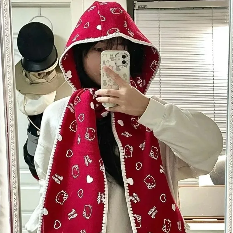 Sanrio Cute Printed HelloKitty Hat Women's Versatile New Thickened Warm One Piece Scarf Japanese Style Fashion Cute Design Scarf