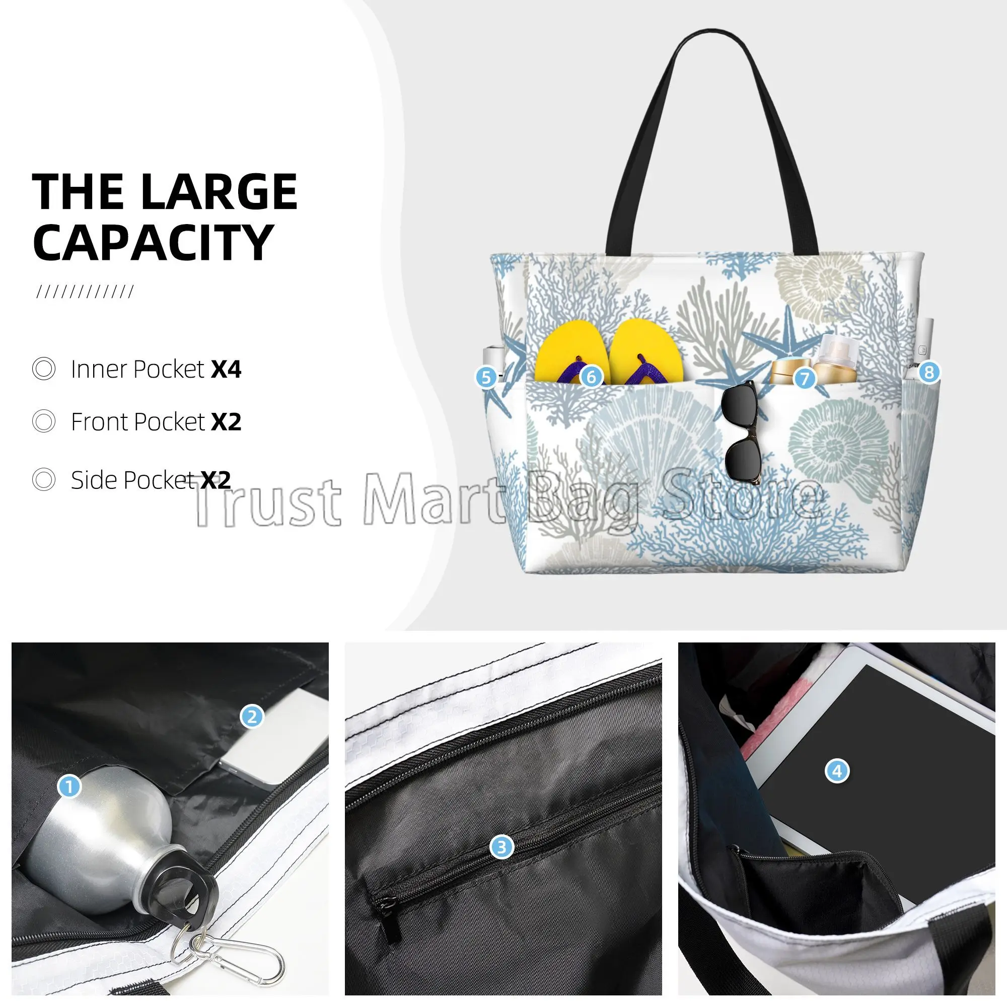 Summer Ocean Themed Seashell Coral Starfish Large Waterproof Beach Bag Women Sandproof Pool Tote Bag for Travel Vacation Swim