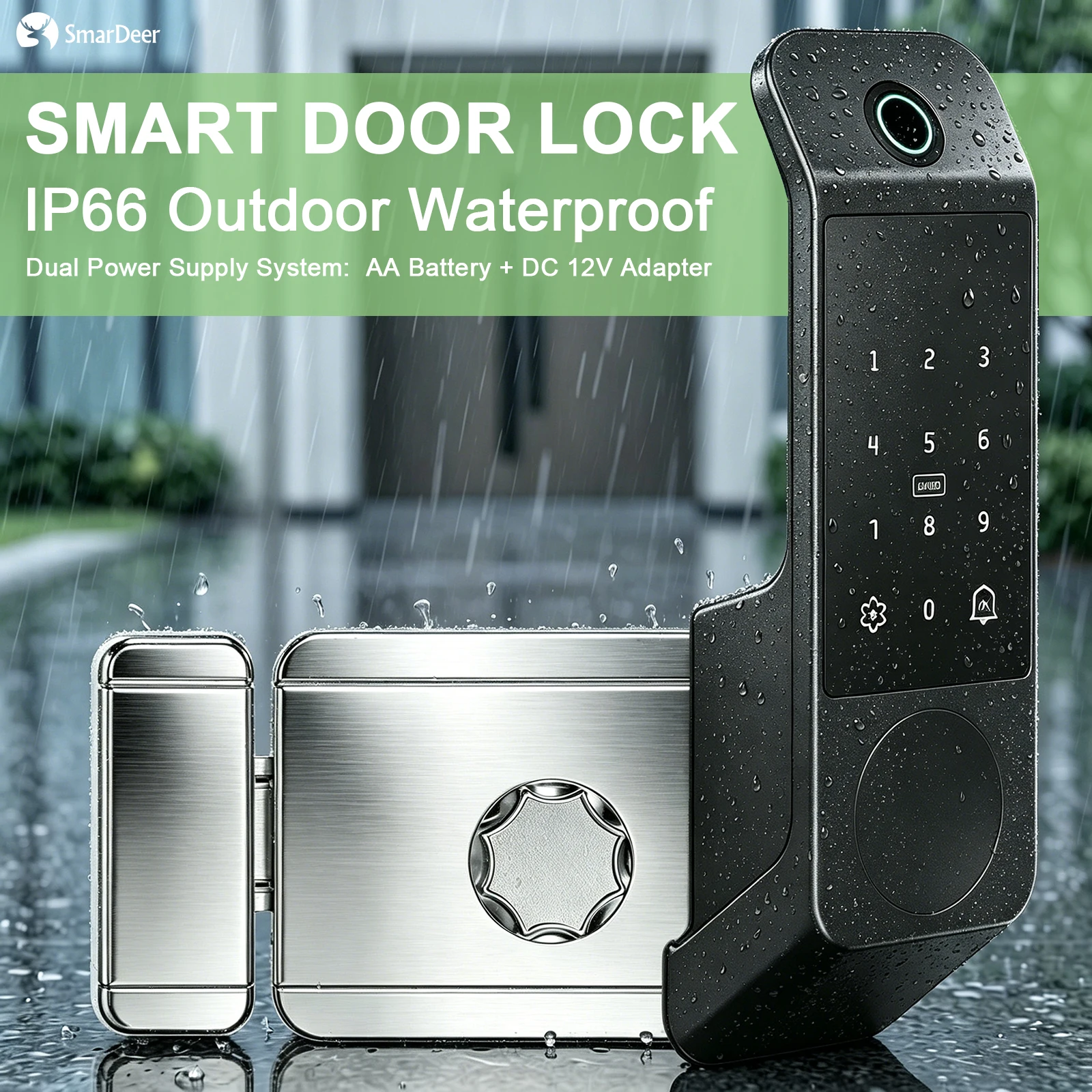 

SmarDeer IP66 Waterproof Smart Door Lock Fingerprint Password IC Card Keyless Electronic Door Lock for Front Door