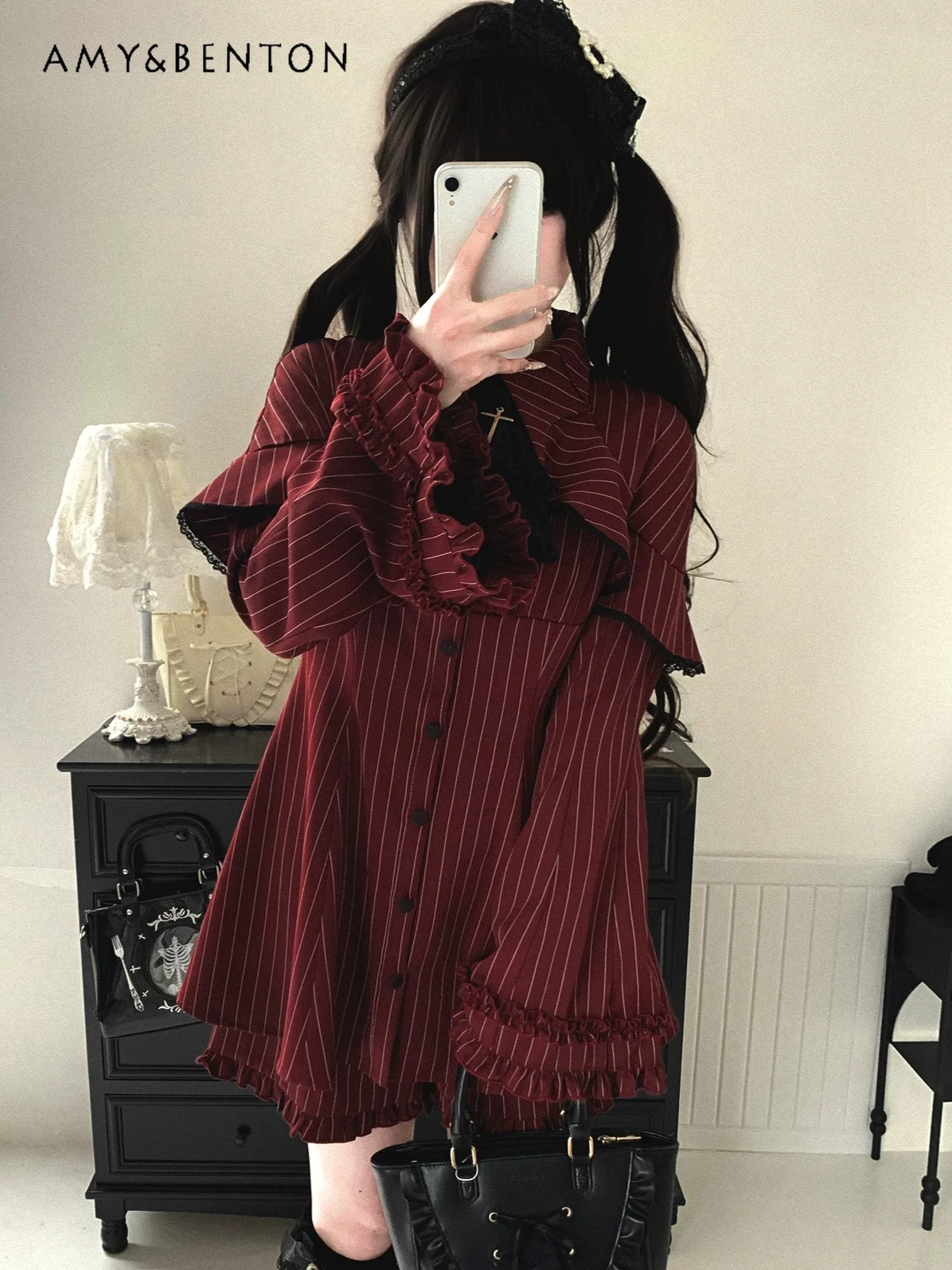 

Japanese Mine Series Dark Fake Two-piece Shirt Dress Sets Mass-produced Striped Long-sleeved Mini Dress Shorts Two-piece Set