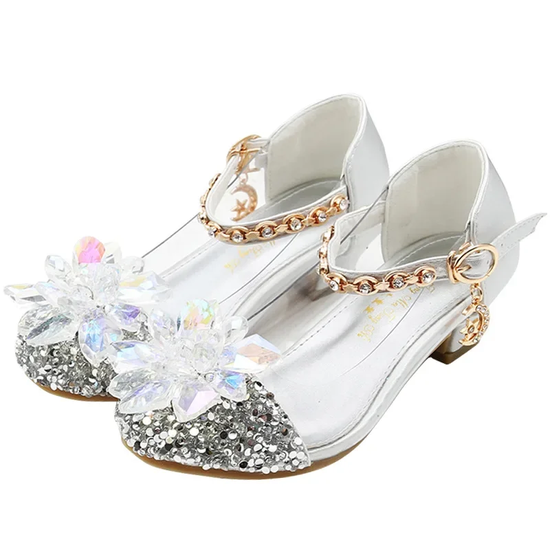 Princess Kids Leather Shoes for Girls Formal Dress Dance High Heel Shoes Fashion Glitter Children Wedding Leather Shoes Crystal