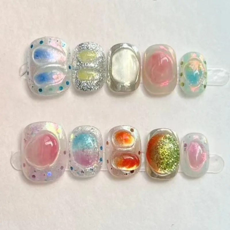 10Pcs Cute Short Round Handmade Fake Nail Glitter Colorful 3D Sweet Cool Art Finished Nail for Girl Wearable Full Cover Press On