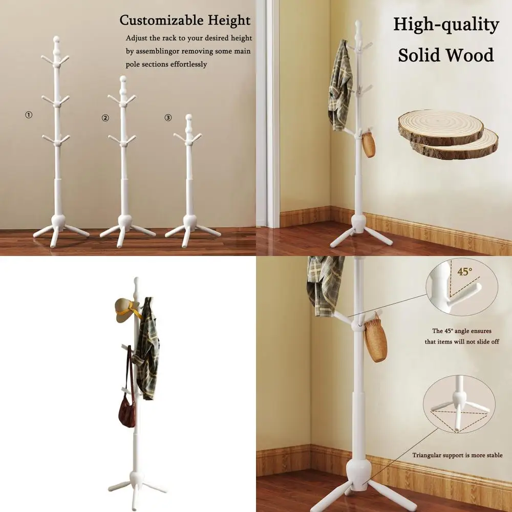 

Modern Heavy-Duty 9-Hook Solid Wood Coat Rack Stand, Adjustable for Living Room, Entryway, Office, Hallway, White