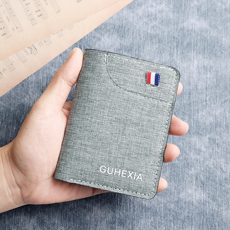 

1 шт. Мужской ультратонкий минималистичный короткий кошелек из холста и кожи - тонкий мини-кошелек для мужчин, зажимы для денег, держатель для карт, сумка для денег