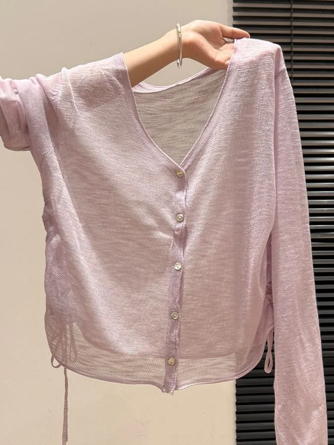 Elegant V-Neck Long Sleeve Ice Silk Knitted T-Shirt Women Summer Slim Fit Casual Style Side Drawstring Lightweight Top