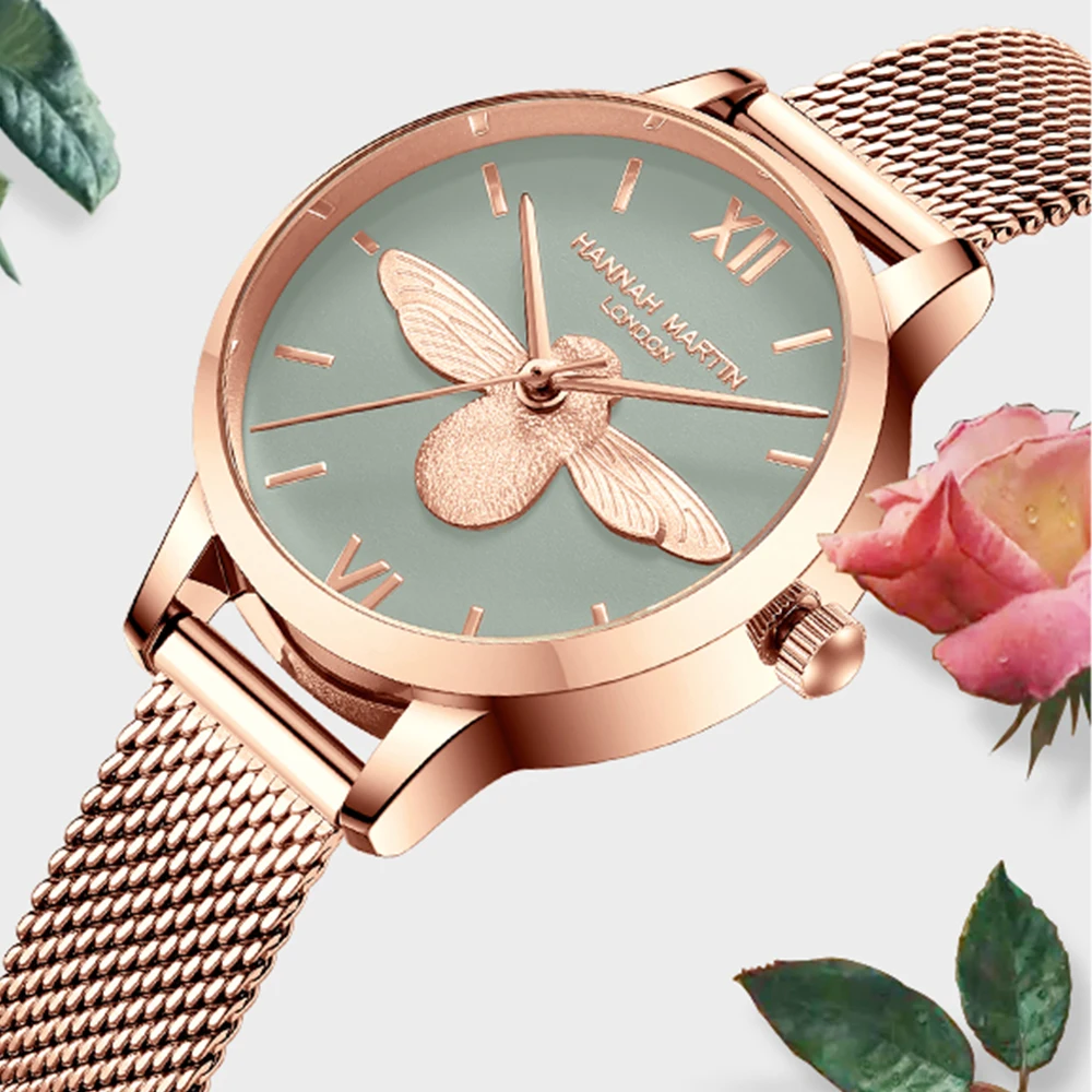 Hannah Martin neue Frauen Luxus uhr Roségold 31mm klassische lässige Mädchen Kleid Uhr Armband Set 3d gravierte Biene Zifferblatt Uhr