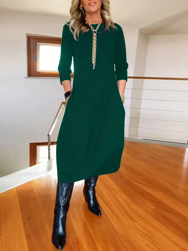 

Woman's Vintage Casual Maxi Dress New 2025 Autumn Winter Versatile Solid Color Loose Round Neck Long Sleeve Dresses For Women