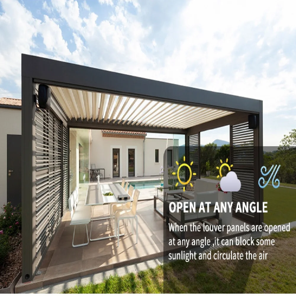 

Всепогодная алюминиевая биоклиматическая пергола – регулируемые электрические ламели для использования у бассейна или на пляже