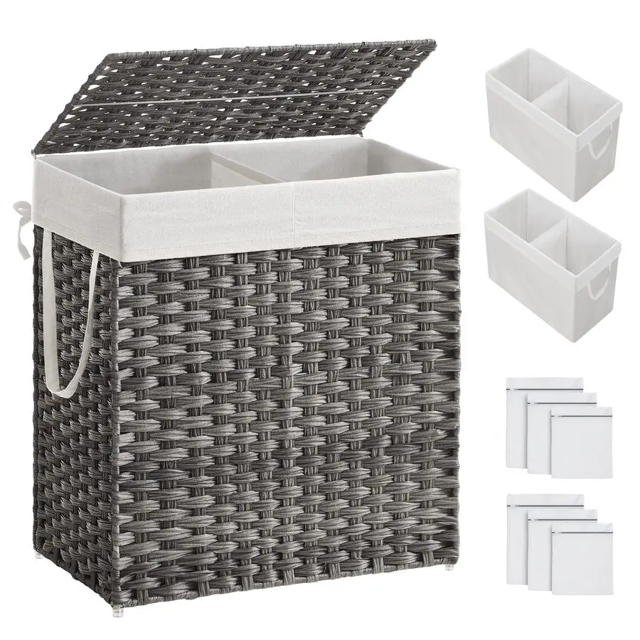 

Корзина для белья с крышкой, 110 л, с 2 съемными внутренними мешками, 6 сетчатыми мешками, плетеная корзина для белья, двойная корзина для белья