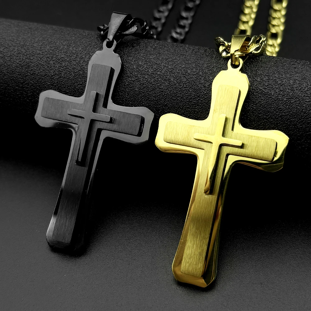 

Jesus Christian Cross Big Pendant Necklace for Man Women Stainless Steel Gold Black Color Link Figaro NK Chain Male Jewelry