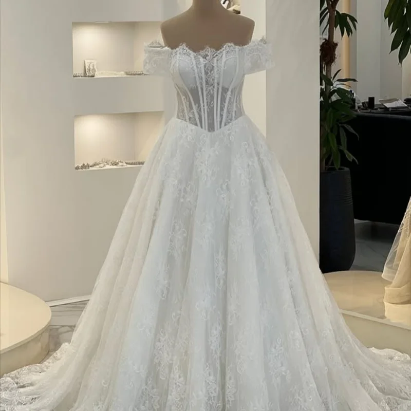 

Minimalist Shiny White Wedding Dresses off-shoulder A Skirt decal Long tail Bridal Gowns Made Customized