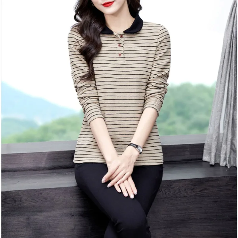 2024 Spring and Autumn Women's New Pullover with Doll Neck Panel Button Stripe Fashion Loose and Versatile Long Sleeved Tops