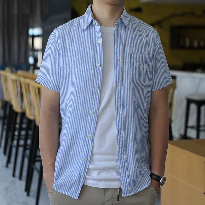 

Льняная рубашка с короткими рукавами в стиле ретро, мужская летняя молодежная дышащая свободная хлопковая льняная рубашка с половиной рукавов