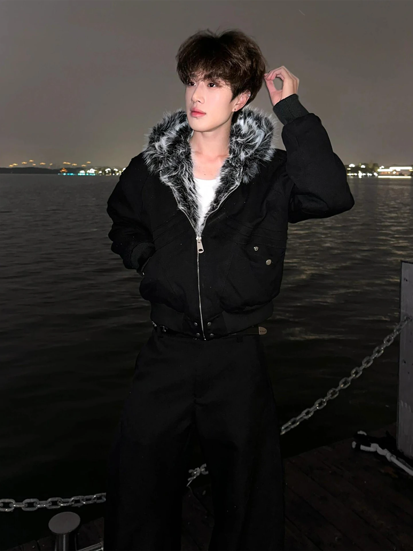 

Bla Fur Collar Thiened Cotton Jaet Men's Winter Coat Cleanfit Canvas Workwear Jaet Warm Youth ular Casual Long Sle...