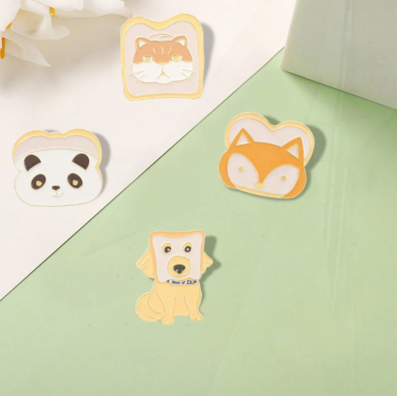 Cat Dog Fox Panda Pin Lapel Badge Fun Cartoon Jewelry Gift for Kid Friend Toast Animal Enamel  Brooch Custom Breakfast Toast