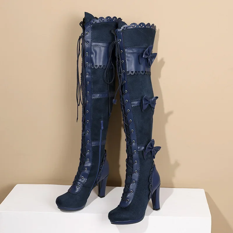 

Women Over Knee High Boots Butterfly-knot Sexy Cross-tied Round Toe Chunky High Heel Lace-up Patchwork Autumn Winter Lady Shoes