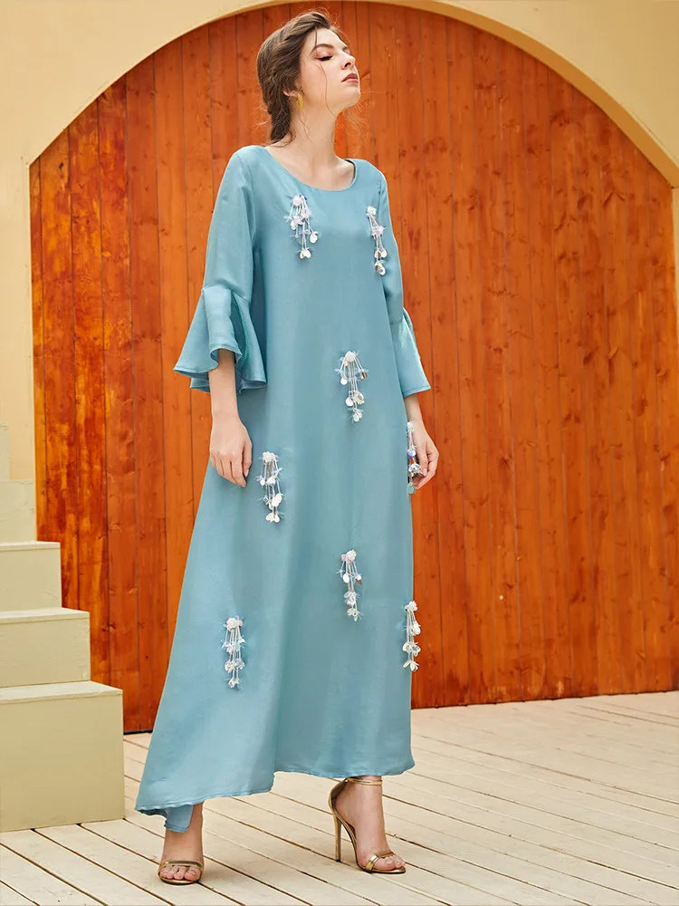 Elegante vestido de lantejoulas manga comprida feminino, Turquia Abaya, Hijab, vestido de verão Ramadan, casual, primavera