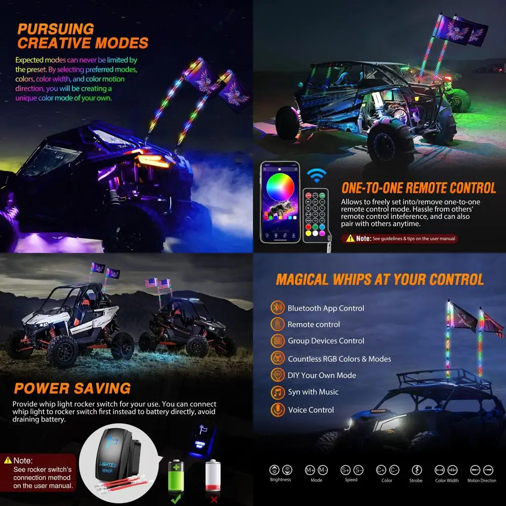 

2PCS 3FT RGB LED Whip Light, Remote App Control w/DIY Chasing Patterns Stop Turn Reverse Lighting Modes Safety Lighted Antenna f