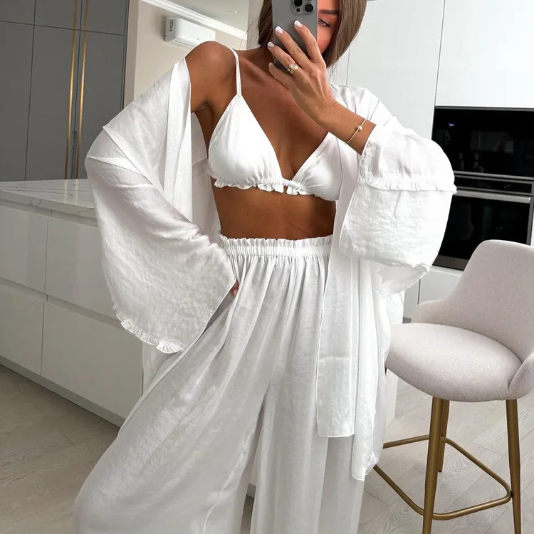 

Sexy Ruffle Bras + Cardigan + Wide Leg Pant Sets 2025 New Spring Summer White Three Piece Set Casual Loose Homwear Beach Suit