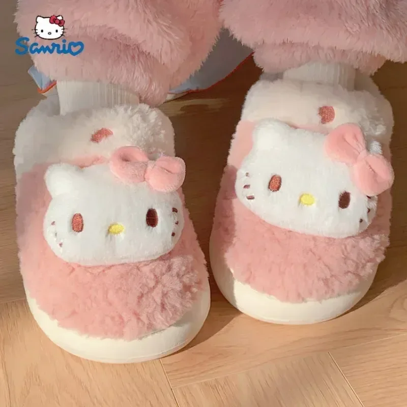 Sanrio Hello Kitty Home Fuzzy Slipper Cartoon Kuromi Cinnamoroll  Yk2 Women Winter Plush Non Slip Slippers girl Cute Flat Shoes