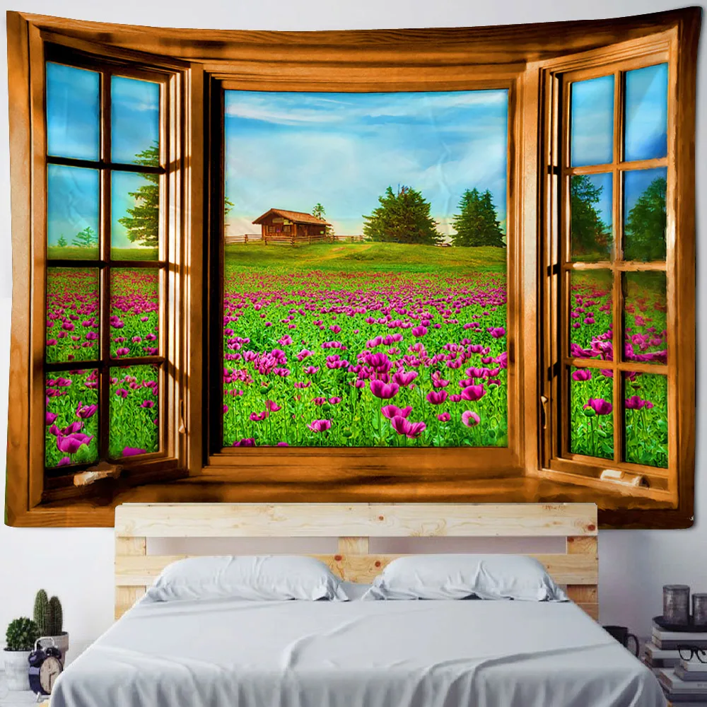 Window landscape printed tapestry hanging on the wall room art decoration hippie bohemian wall decoration home yoga bed sheets