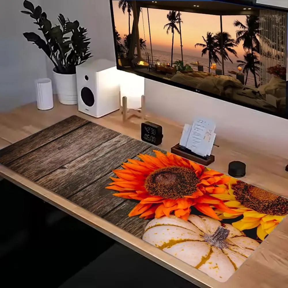 Autumn Sunflower Pumpkin Wood Grain Design Esports Gaming Mouse Pad Natural Rubber Non-Slip Large Size For Laptop Desktop