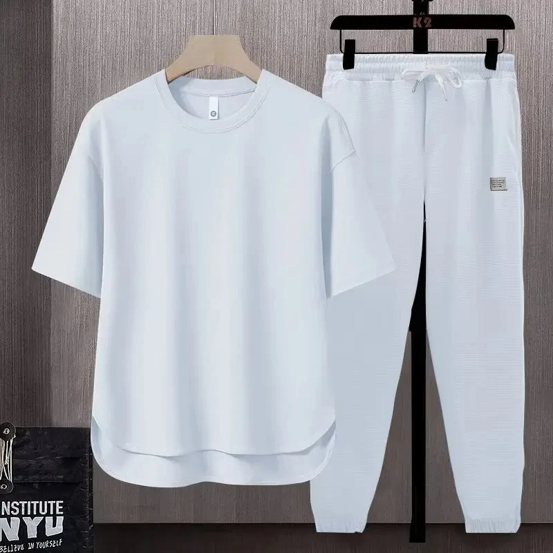 Summer Short-sleeved T-shirt Loose Drawstring Casual Suit Solid Color Men\'s T-shirt Drawstring Shorts Lazy Trend