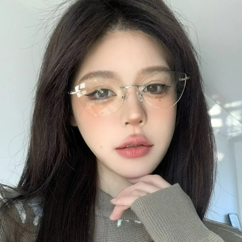 Minimalist Rimless Cat Eye Glasses for Women Men Vintage Transparent Rimless Versatile Eyewear Clear Anti Blue Light Eyeglasses
