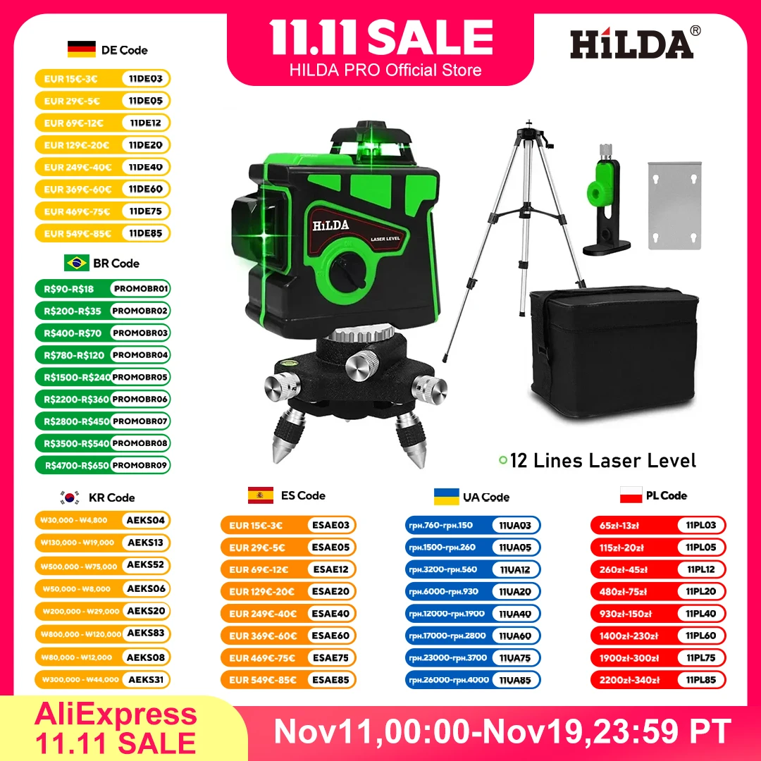 

HILDA Laser Level 12 Lines 3D Level Self-Leveling 360 Horizontal And Vertical Cross Super Powerful Green Laser Level