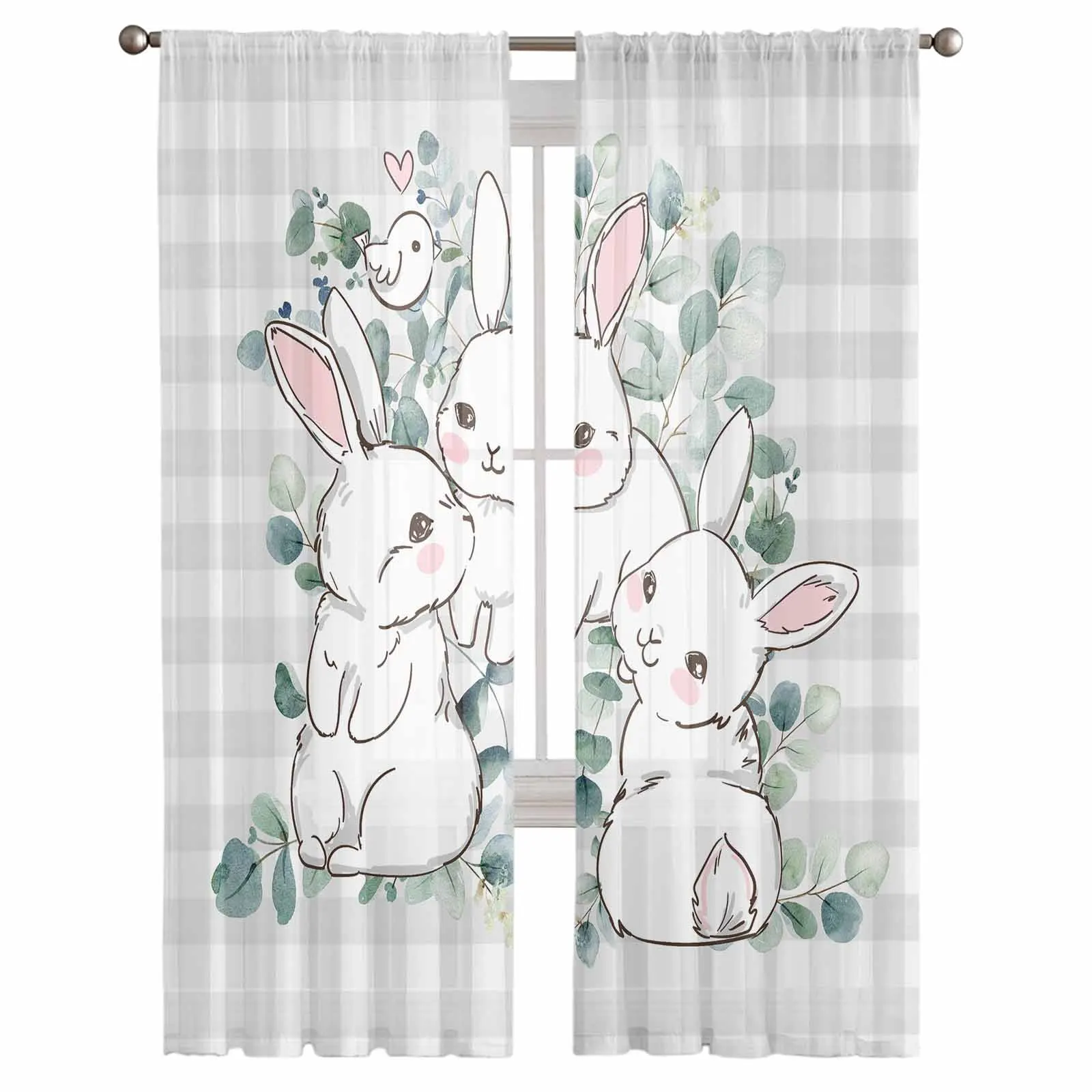 Easter Eucalyptus Leaves Rabbit Plaid Tulle Curtains for Living Room Sheer Curtain for Bedroom Kitchen Blinds Voile Curtains