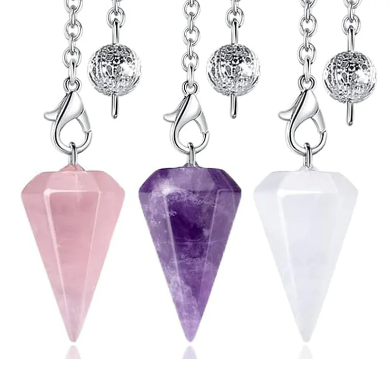 Small Natural Stone Pendant Pendulum for Beginner Dowsing Divination Real Pink Quartz Amethyts Clear Quartz Healing Pendulo X269