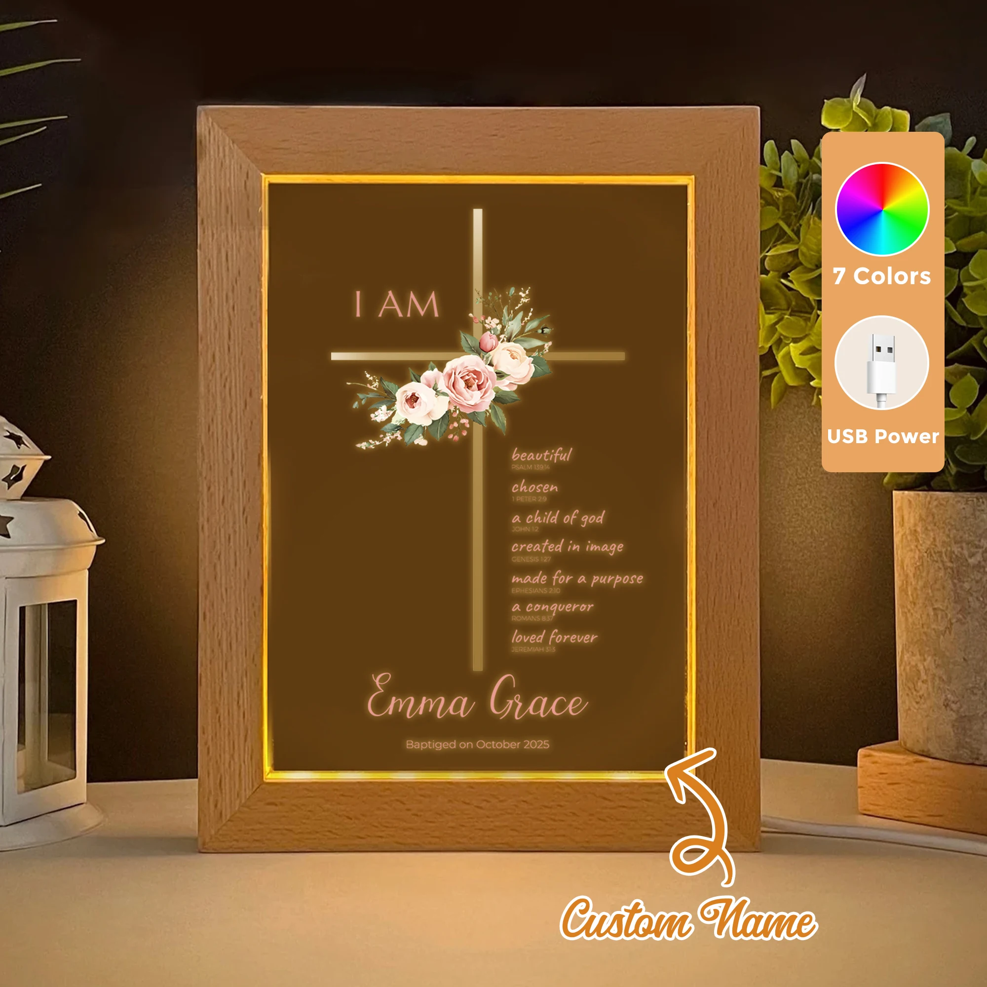 

2d Flat Custom Name Bible Baptism Cross Led Acrylic Night Light Wood Photo Frame 21x17cm Family Bedroom Gifts Home Decor