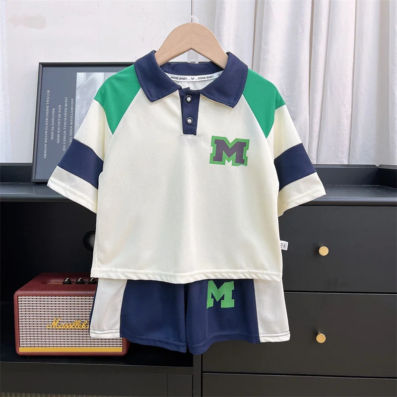 Summer Boys Casual Clothes Set Teenage Lapel T-shirts+Shorts 2Pc Kids Letter Top Bottom Outfits Fashion Tracksuits Suits 2-14Y