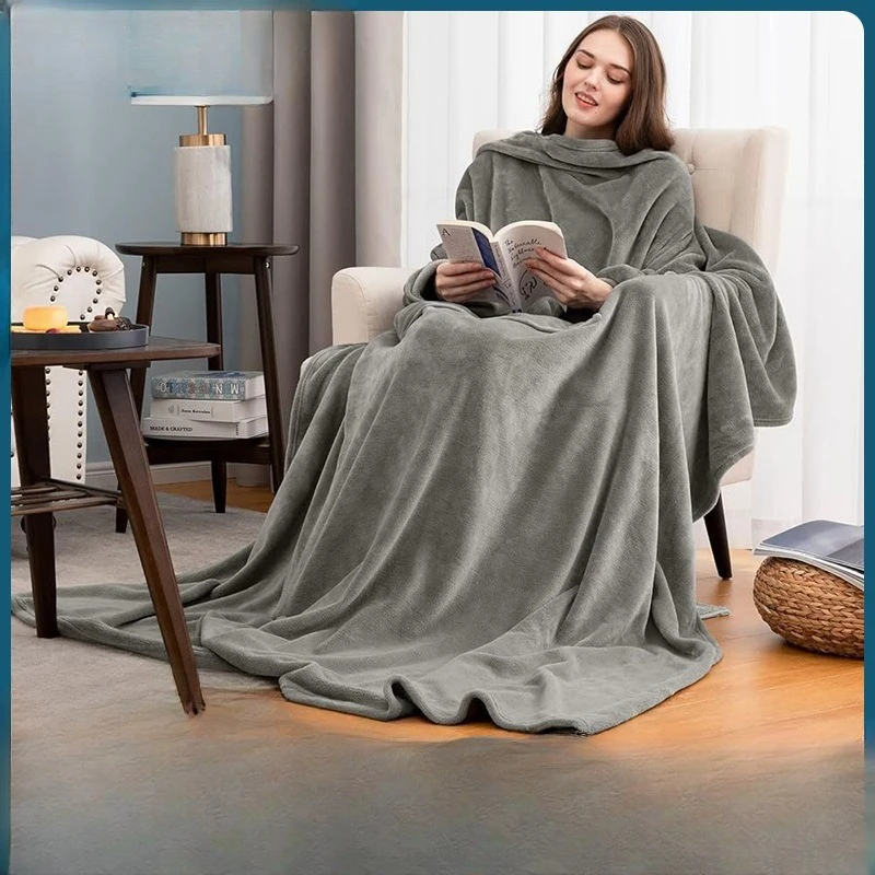 Soft Flannel Sleeved Throw Blanket Sleeve Design Keep Arms Warm Multi Use Blanket For Home Office Autumn Winter