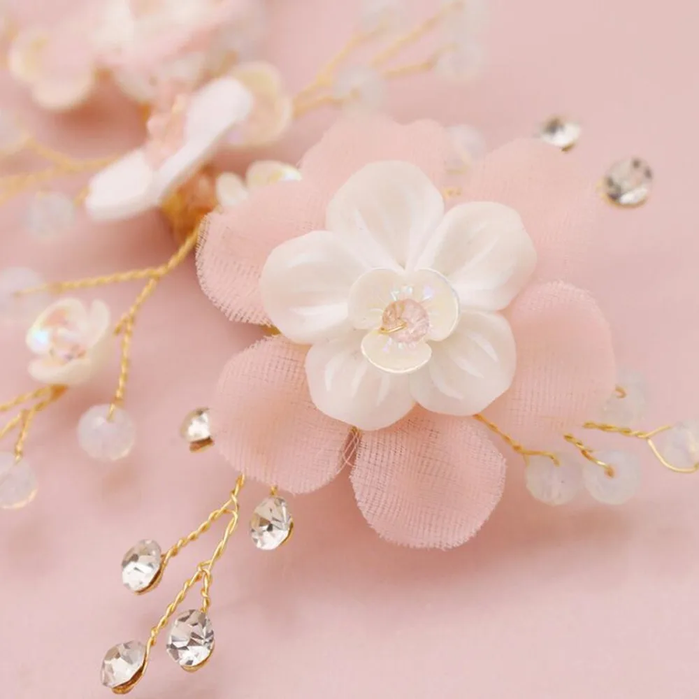 Pink Artificial Florals Crystal Bride Headwear for Girls Wedding Hair Comb Pearls BridalPiece Hair Accessories tocado novia boda