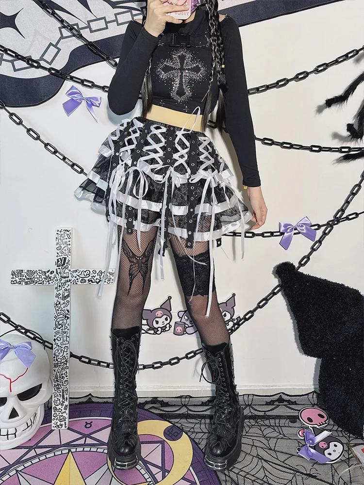 Original Design Punk Style Ribbon Heavy Industry Skirt Women's Splicing Spice Girl Cake Skirt Japanese Subculture Skirt