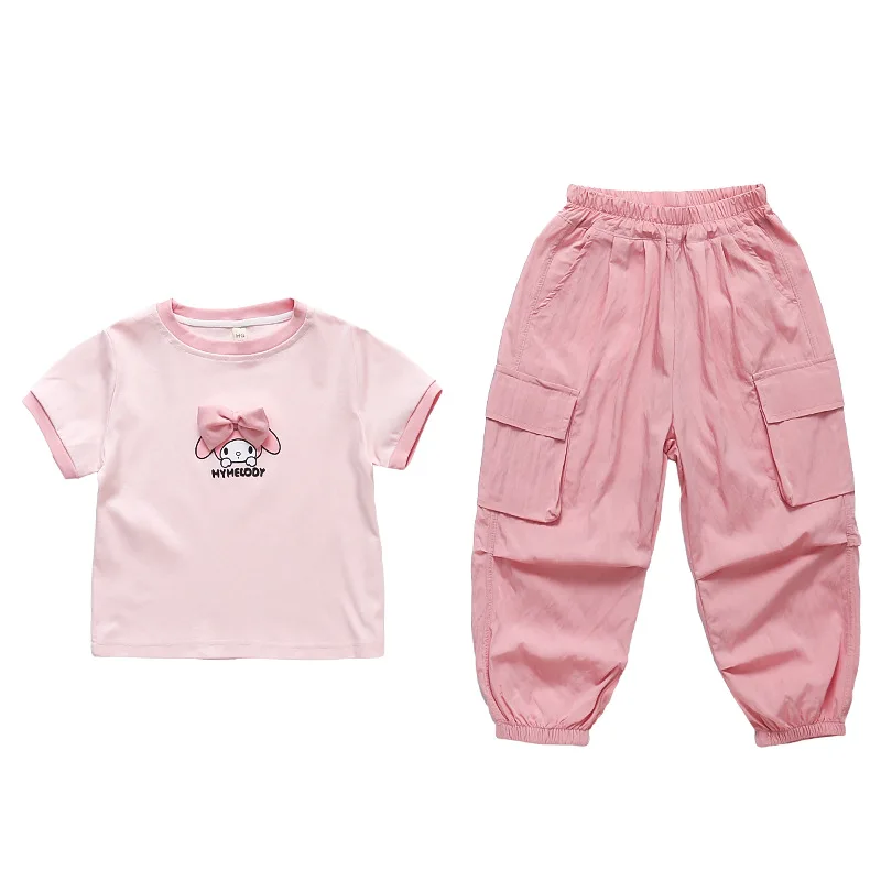 Anime Sanrios My Melody Girl Short Sleeve Pants Suit Summer Children Cartoon Cotton T-Shirt Casual Overalls Fashion Sportswear