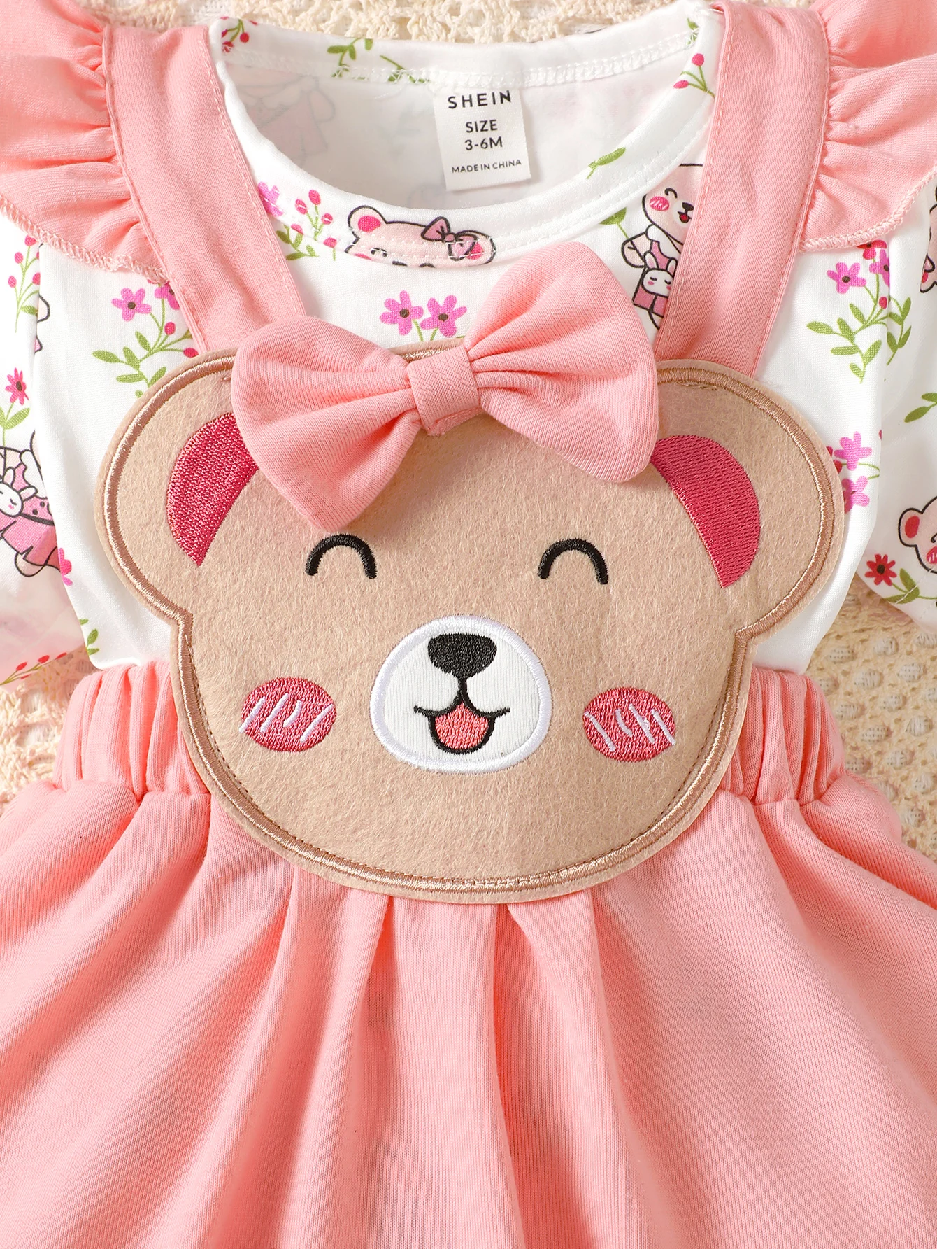 Baby Girl Round Neck Short-Sleeved Bear Print Triangle Dress + Ruffled Pink Strap Skirt + Bow Headband Foreign Three-Piece Set