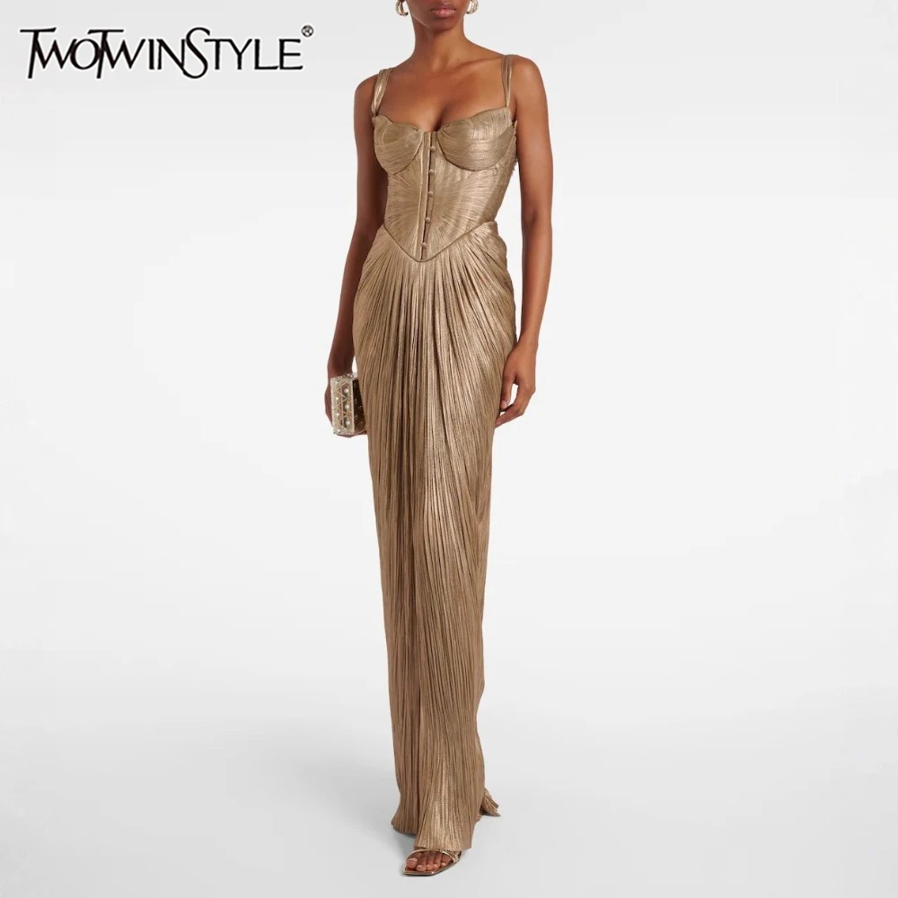 TWOTWINSTYLE Gold Pleated Tunic Fish Bone Dresses for Women Square Collar Sleeveless Casual Party Split Evening Dress Female New