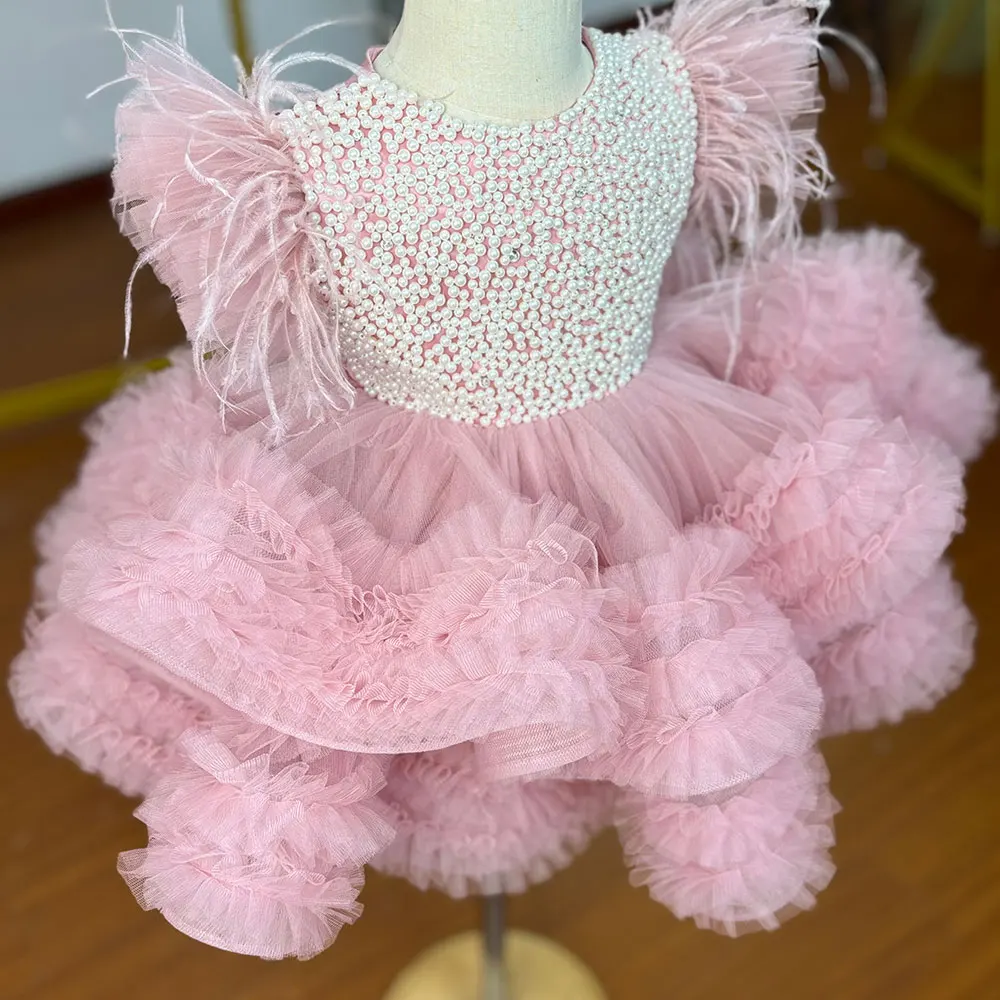 Pink Layered Tulle Flower Girl Dress For Wedding Puffy With Pearls Baby Kids Birthday Party Ball First Communion Gowns