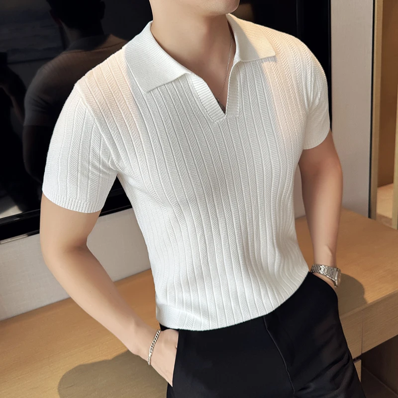 2024 Summer New Striped V-neck Knitted Polo Shirts Fashion Men‘s Short Sleeved Thin Breathable Casual Social T-shirt 4XL-M